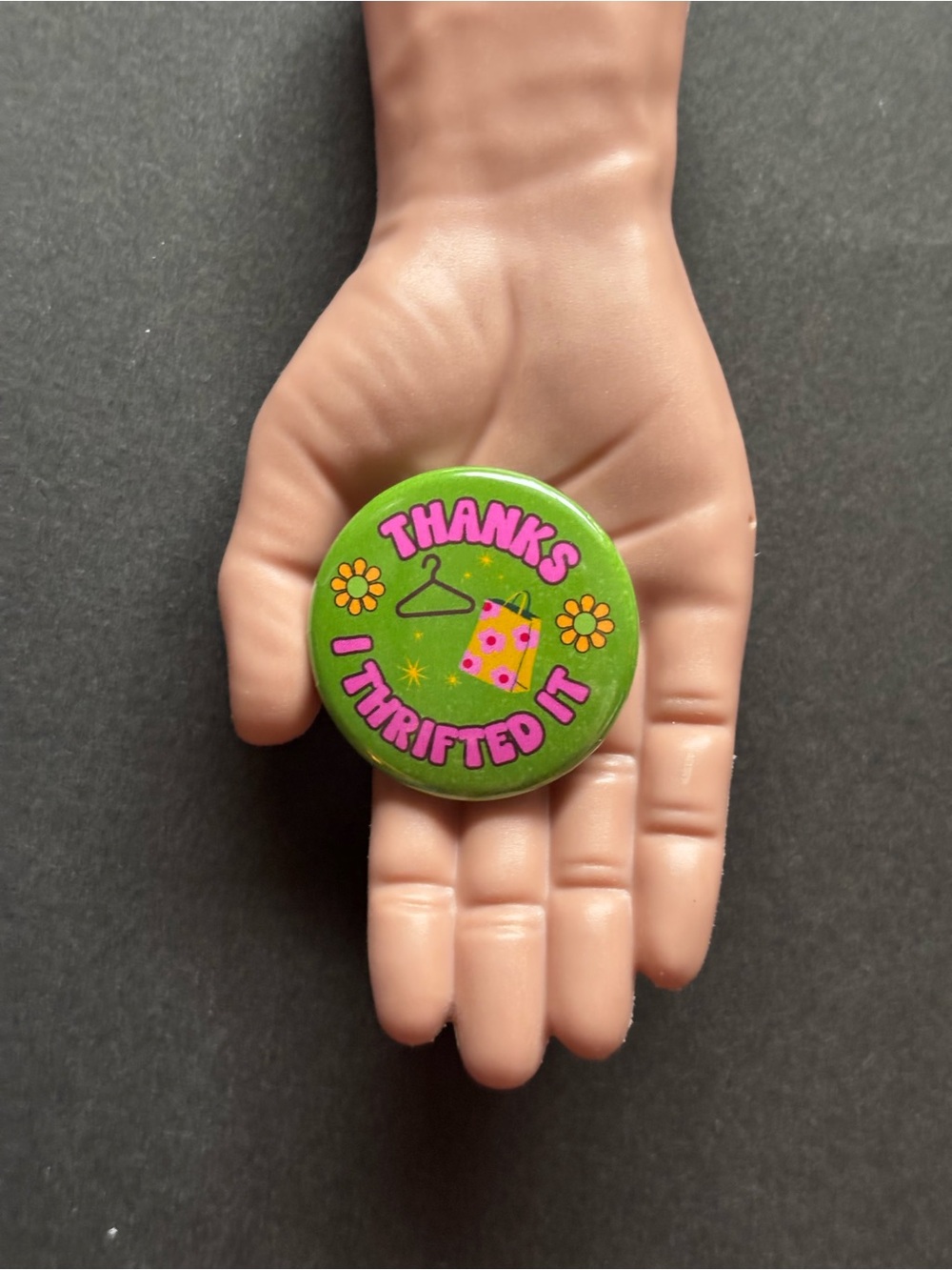 Thanks I Thrifted It Pin Button Green Pink Thrift Fashion Pin - Picture 4 of 8